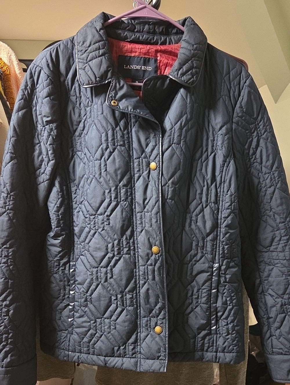 Lands' End Women's Navy Quilted Puffer Jacket with Red Lining